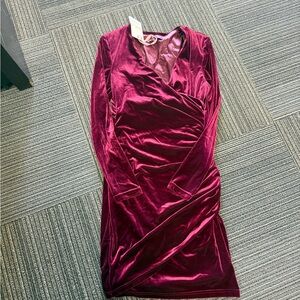 Alex Marie Velvet Wrap Long-Sleeve Dress in Berry